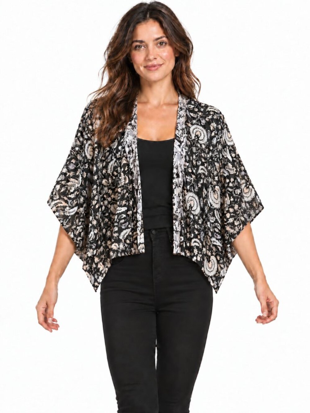 Ann Taylor Factory Store Black & White Paisley Draped Kimono Top OS